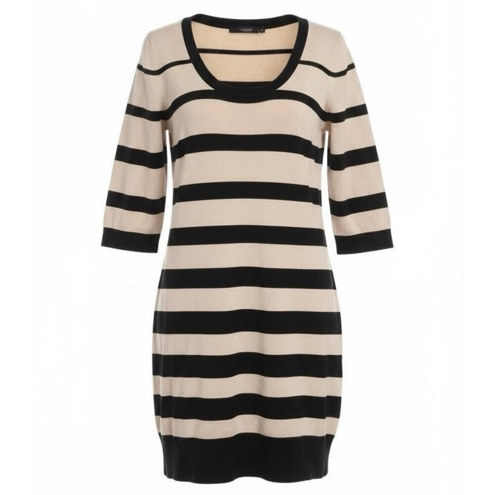 Vtg Calvin Klein Striped Knit Sweater Dress XL Black Beige